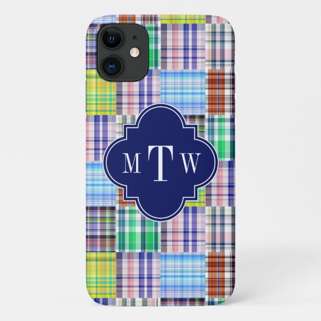 Preppy Patchwork Madras Navy Quatrefoil  Monogram Case-Mate iPhone Case (Back)