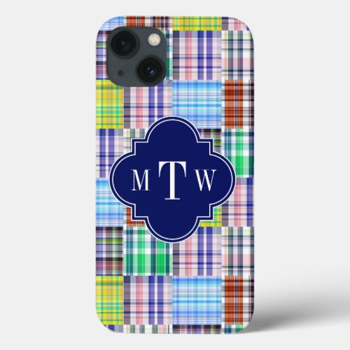 Preppy Patchwork Madras Navy Quatrefoil  Monogram iPhone 13 Case