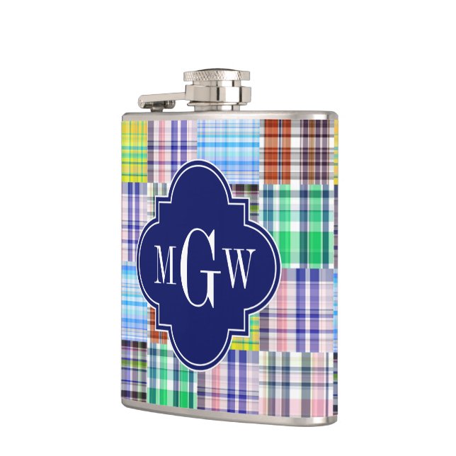 Preppy Patchwork Madras Navy Quatrefoil  Monogram Hip Flask (Left)