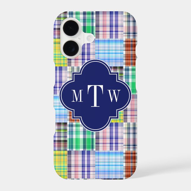 Preppy Patchwork Madras Navy Quatrefoil  Monogram Iphone Case (Back)