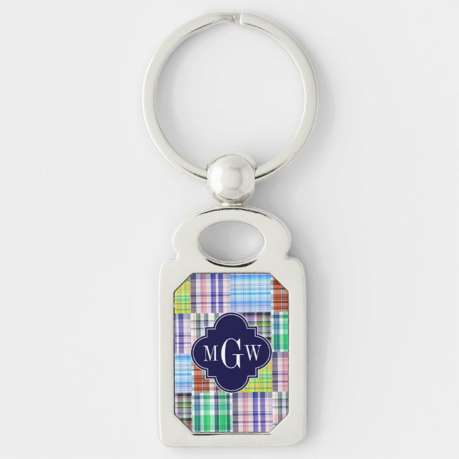 Preppy Patchwork Madras Navy Quatrefoil  Monogram Keychain (Front)