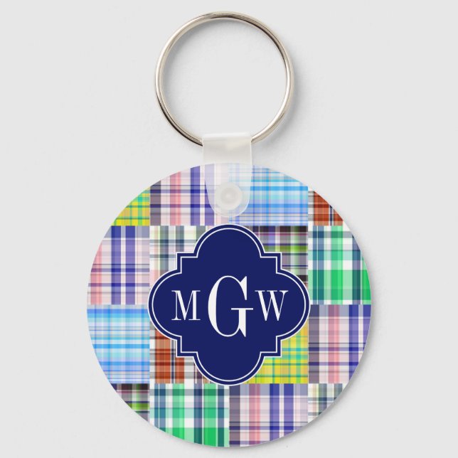 Preppy Patchwork Madras Navy Quatrefoil  Monogram Keychain (Front)