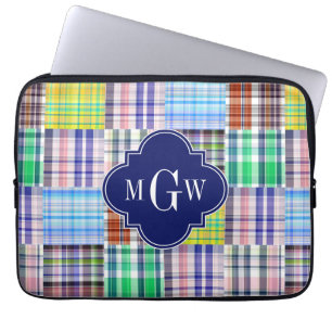 Preppy Patchwork Madras Navy Quatrefoil Monogram Laptop Sleeve