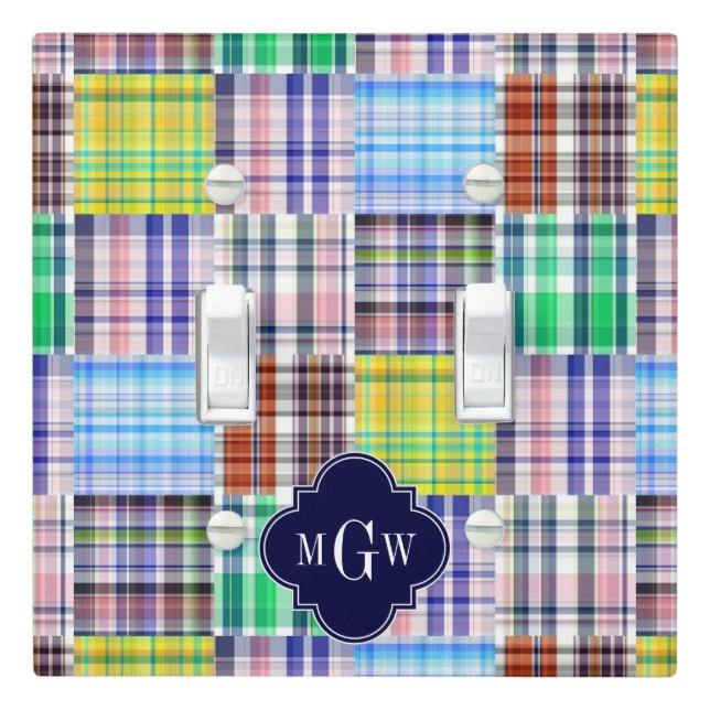 Preppy Patchwork Madras Navy Quatrefoil Monogram Light Switch Cover (In Situ)