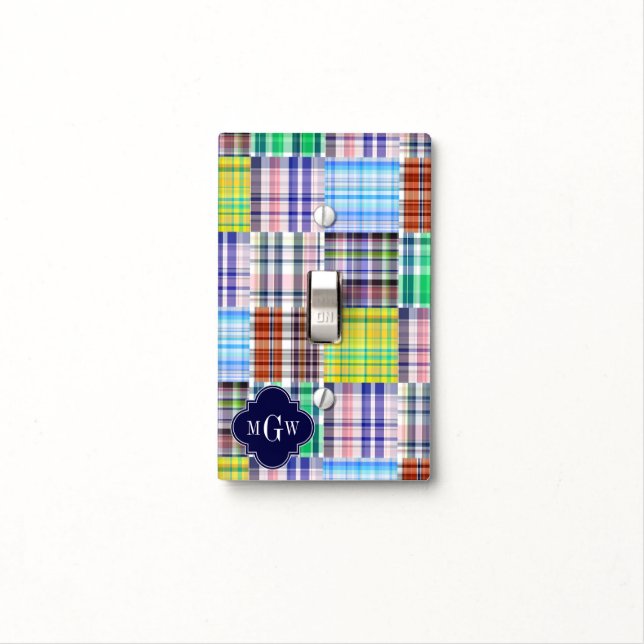 Preppy Patchwork Madras Navy Quatrefoil  Monogram Light Switch Cover (In Situ)