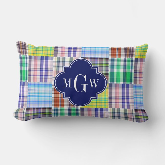Preppy Patchwork Madras Navy Quatrefoil  Monogram Lumbar Pillow (Front)