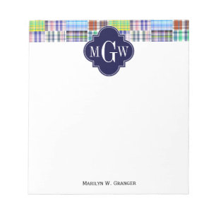 Preppy Patchwork Madras Navy Quatrefoil Monogram Notepad