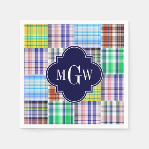 Preppy Patchwork Madras Navy Quatrefoil Monogram Paper Napkins