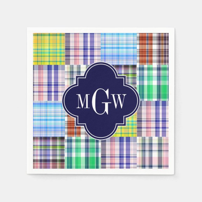 Preppy Patchwork Madras Navy Quatrefoil  Monogram Paper Napkins (Front)