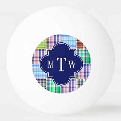 Preppy Patchwork Madras Navy Quatrefoil  Monogram Ping Pong Ball