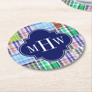 Preppy Patchwork Madras Navy Quatrefoil Monogram Round Paper Coaster
