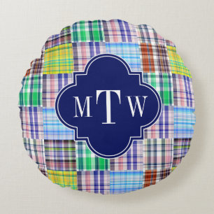 Preppy Patchwork Madras Navy Quatrefoil  Monogram Round Pillow
