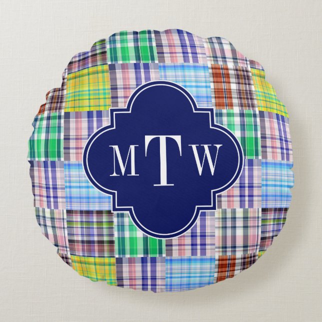 Preppy Patchwork Madras Navy Quatrefoil  Monogram Round Pillow (Front)