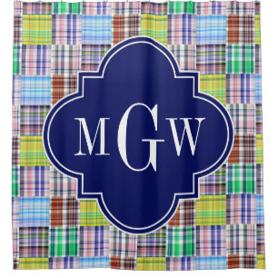 Preppy Patchwork Madras Navy Quatrefoil Monogram Shower Curtain