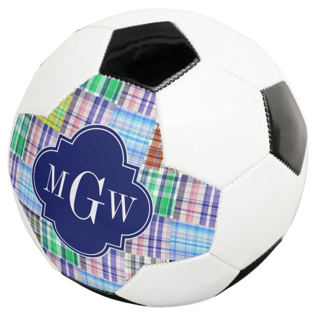 Preppy Patchwork Madras Navy Quatrefoil  Monogram Soccer Ball (Three Quarter)