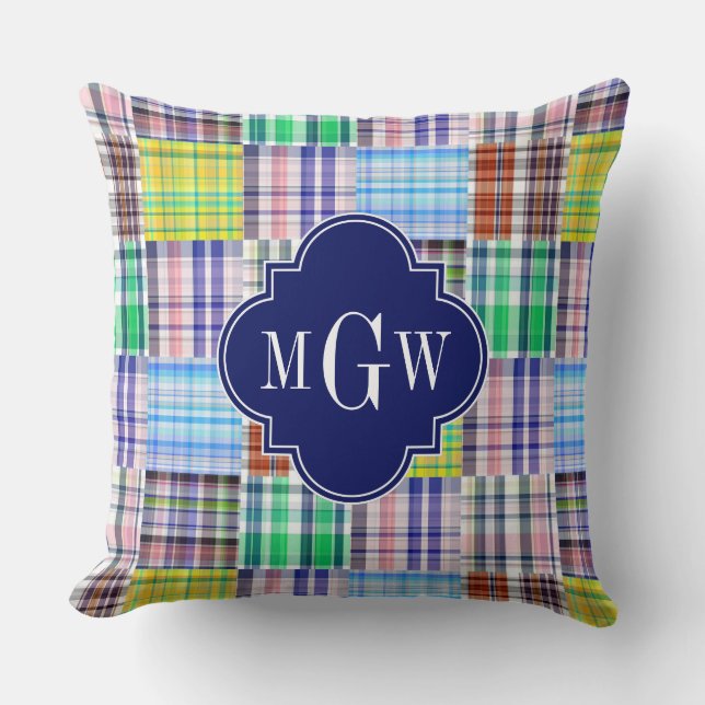 Preppy Patchwork Madras Navy Quatrefoil  Monogram Throw Pillow (Front)