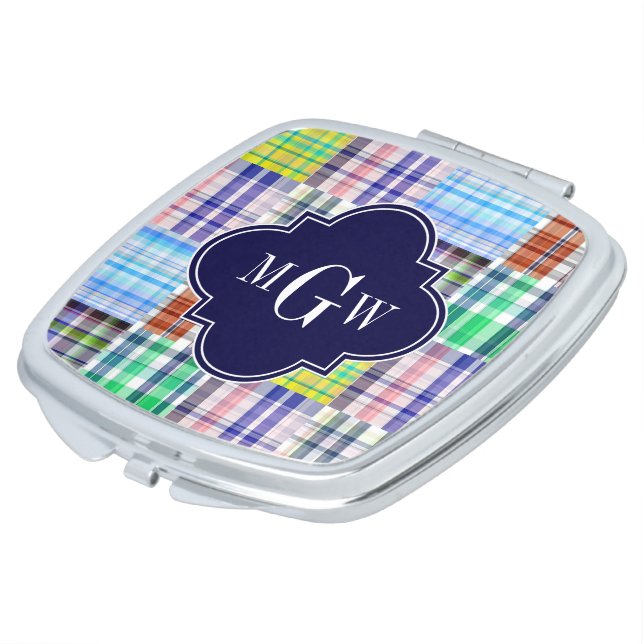 Preppy Patchwork Madras Navy Quatrefoil  Monogram Vanity Mirror (Turned)