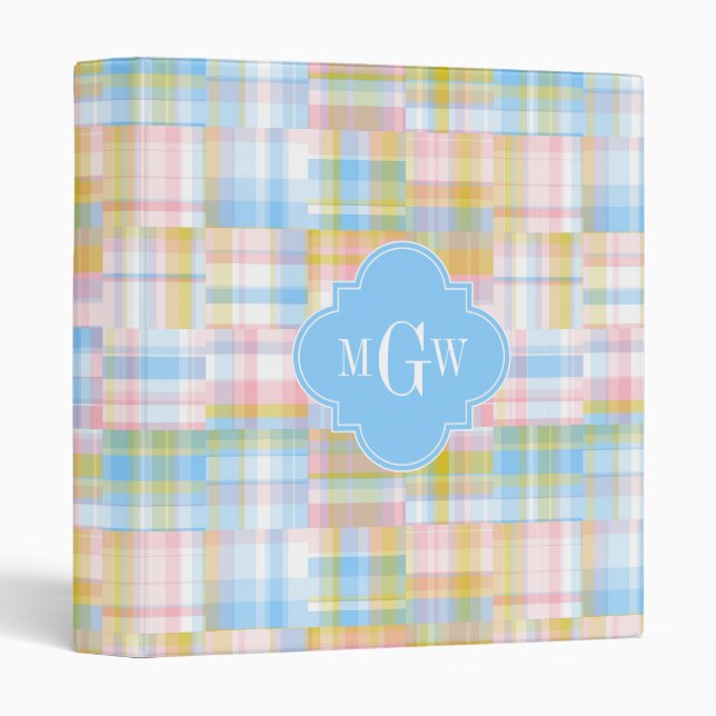 Preppy Patchwork Madras Pastel Quatrefoil Initials Binder (Front/Spine)
