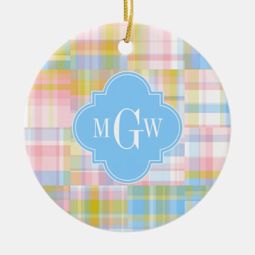 Preppy Patchwork Madras Pastel Quatrefoil Initials Ceramic Ornament