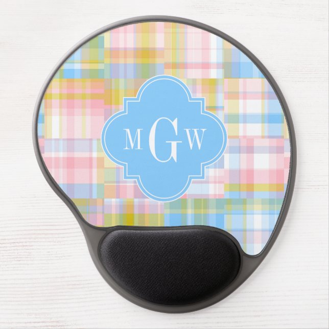 Preppy Patchwork Madras Pastel Quatrefoil Initials Gel Mouse Pad (Front)