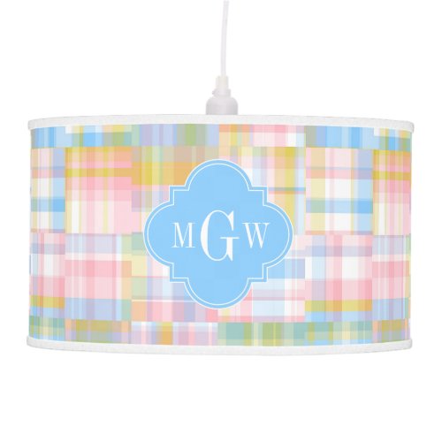 Preppy Patchwork Madras Pastel Quatrefoil Initials Hanging Lamp