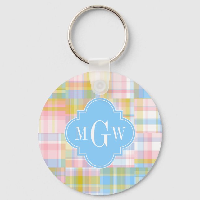 Preppy Patchwork Madras Pastel Quatrefoil Initials Keychain (Front)