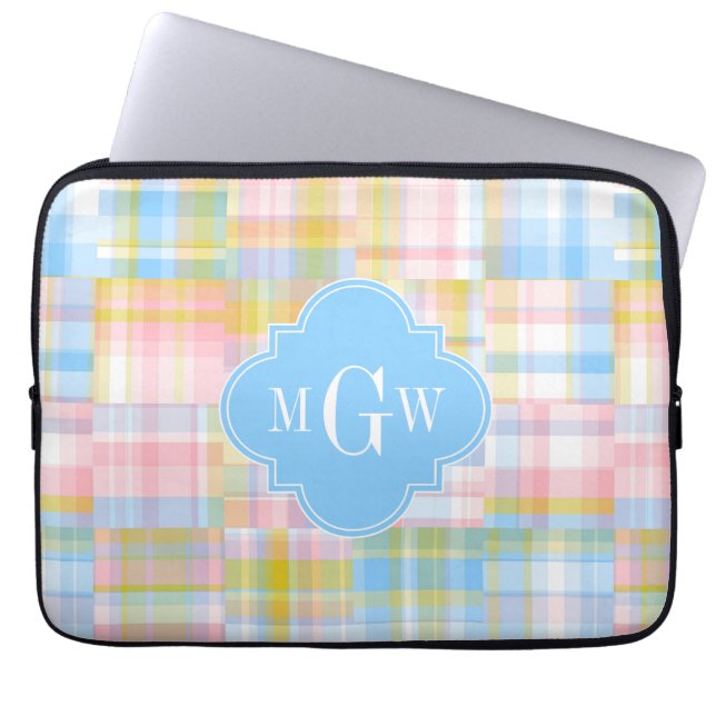 Preppy Patchwork Madras Pastel Quatrefoil Initials Laptop Sleeve (Front)
