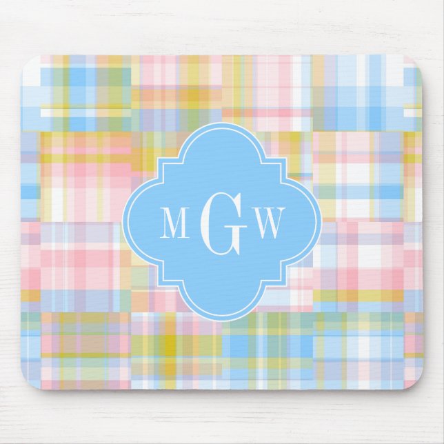 Preppy Patchwork Madras Pastel Quatrefoil Initials Mouse Pad (Front)