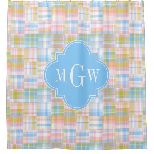 Preppy Patchwork Madras Pastel Quatrefoil Initials Shower Curtain