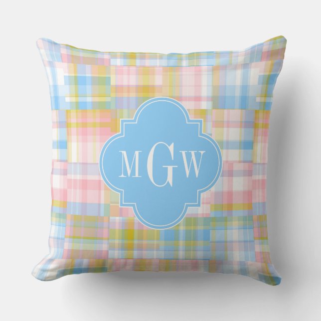 Preppy Patchwork Madras Pastel Quatrefoil Initials Throw Pillow (Front)