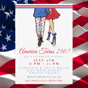 Preppy Patriotic Couple America 250th Birthday Invitation