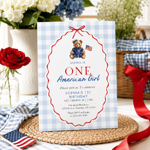 Preppy Patriotic Teddy Bear Girl Navy Gingham 1st Invitation