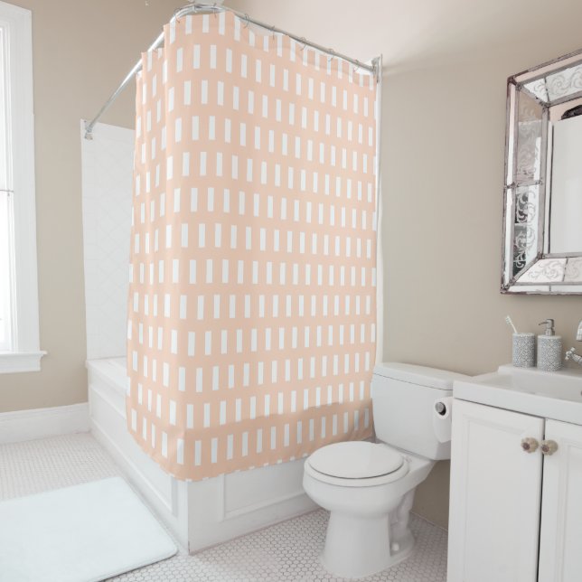  Preppy Peach and White Geometric Grid Pattern Shower Curtain (In Situ)