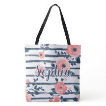 Preppy Peach Pink Floral Navy Stripe Personalized