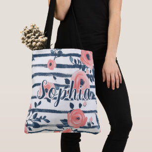 Preppy Peach Pink Floral Navy Stripe Personalized Tote Bag