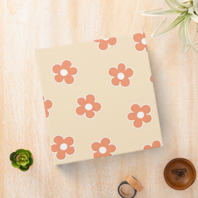 Preppy Peach White Hippie Flower Pattern 3 Ring Binder (In Situ)