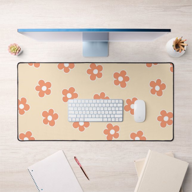 Preppy Peach White Hippie Flower Pattern Desk Mat (Office 1)