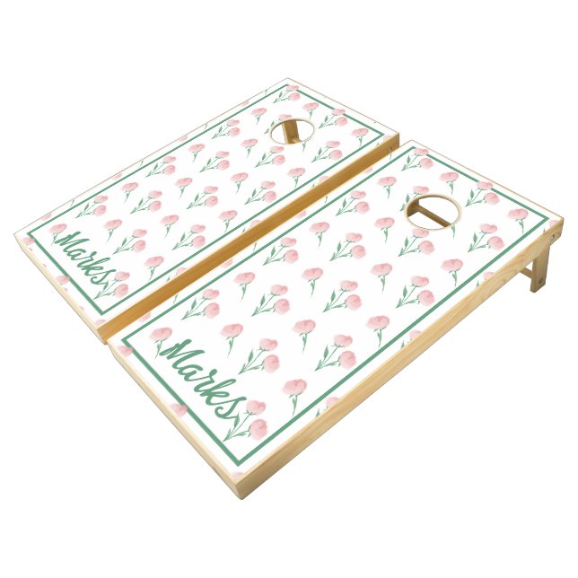 Preppy Peonies Customized Wedding Weekend Cornhole Set (Angled)