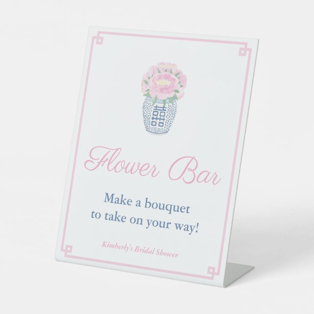 Preppy Peony Pink Blue Flower Bar Pedestal Sign (Front)