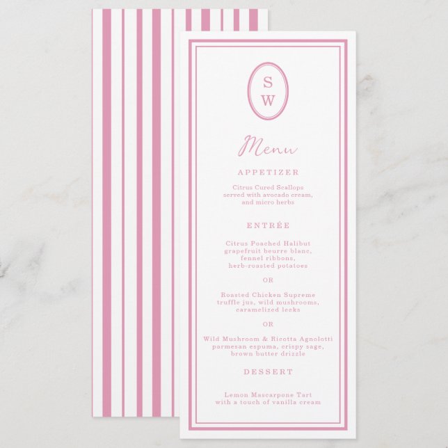 Preppy Peony Pink Chic Monogram Wedding Menu Card (Front/Back)