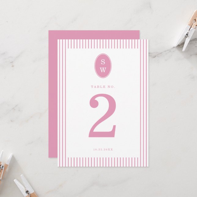 Preppy Peony Pink Chic Wedding Table Number Card (Front/Back In Situ)