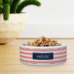 Preppy Personalized Coral & Navy Stripe Pet Bowl<br><div class="desc">For the most stylish pets,  this cute personalized bowl for dogs or cats features a peachy coral and white stripe pattern with navy blue striped accents at the top and bottom. Personalize this cool preppy design with your pet's name in modern lettering.</div>