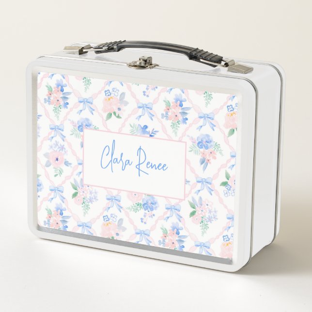Preppy Personalized floral trellis bows Metal Lunch Box (Front)
