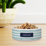 Preppy Personalized Mint & Navy Stripe Pet Bowl<br><div class="desc">For the most stylish pets,  this cute personalized bowl for dogs or cats features a pastel mint green and white stripe pattern with navy blue striped accents at the top and bottom. Personalize this cool preppy design with your pet's name in modern lettering.</div>