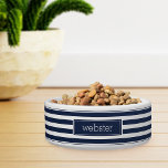Preppy Personalized Navy Blue Stripe Pet Bowl<br><div class="desc">For the most stylish pets,  this cute personalized bowl for dogs or cats features a navy and whit stripe pattern with narrow striped accents at the top and bottom. Personalize this cool preppy design with your pet's name in modern lettering.</div>