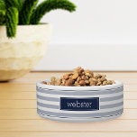 Preppy Personalized Navy & Gray Stripe Pet Bowl<br><div class="desc">For the most stylish pets,  this cute personalized bowl for dogs or cats features a fog gray and white stripe pattern with navy blue striped accents at the top and bottom. Personalize this cool preppy design with your pet's name in modern lettering.</div>