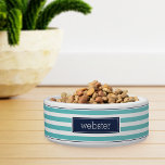Preppy Personalized Navy & Teal Stripe Pet<br><div class="desc">For the most stylish pets,  this cute personalized bowl for dogs or cats features a turquoise aqua and white stripe pattern with navy blue striped accents at the top and bottom. Personalize this cool preppy design with your pet's name in modern lettering.</div>