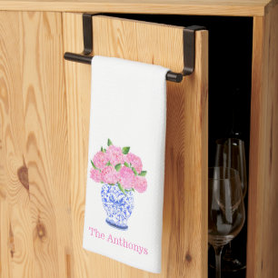 Preppy Personalized Pink Hydrangea Chinoiserie Kitchen Towel