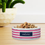 Preppy Personalized Pink & Navy Stripe Pet Bowl<br><div class="desc">For the most stylish pets,  this cute personalized bowl for dogs or cats features a vibrant pink and white stripe pattern with navy blue striped accents at the top and bottom. Personalize this cool preppy design with your pet's name in modern lettering.</div>