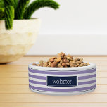 Preppy Personalized Purple & Navy Stripe Pet Bowl<br><div class="desc">For the most stylish pets,  this cute personalized bowl for dogs or cats features a lilac purple and white stripe pattern with navy blue striped accents at the top and bottom. Personalize this cool preppy design with your pet's name in modern lettering.</div>